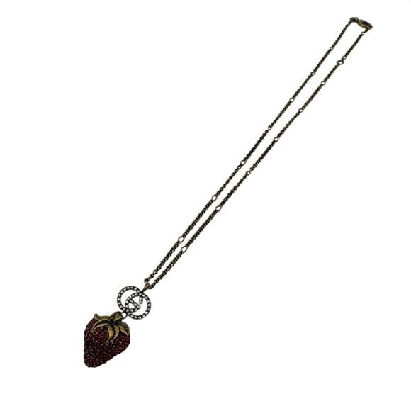 GUCCI Rhinestone Strawberry Necklace Chain Gold Women's - Picture 2 of 10